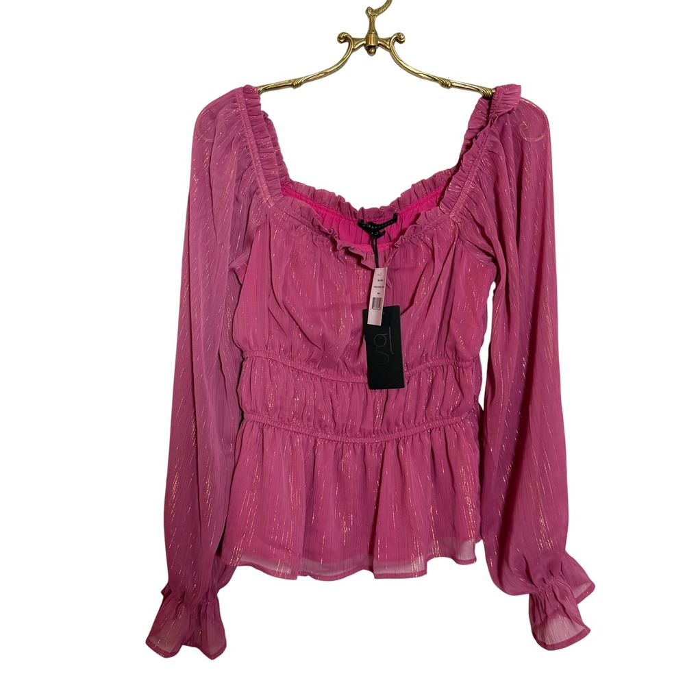 Gibsonlook Fuscia W Gold Lurex Smocked Square Neck Peplum Blouse Small‎